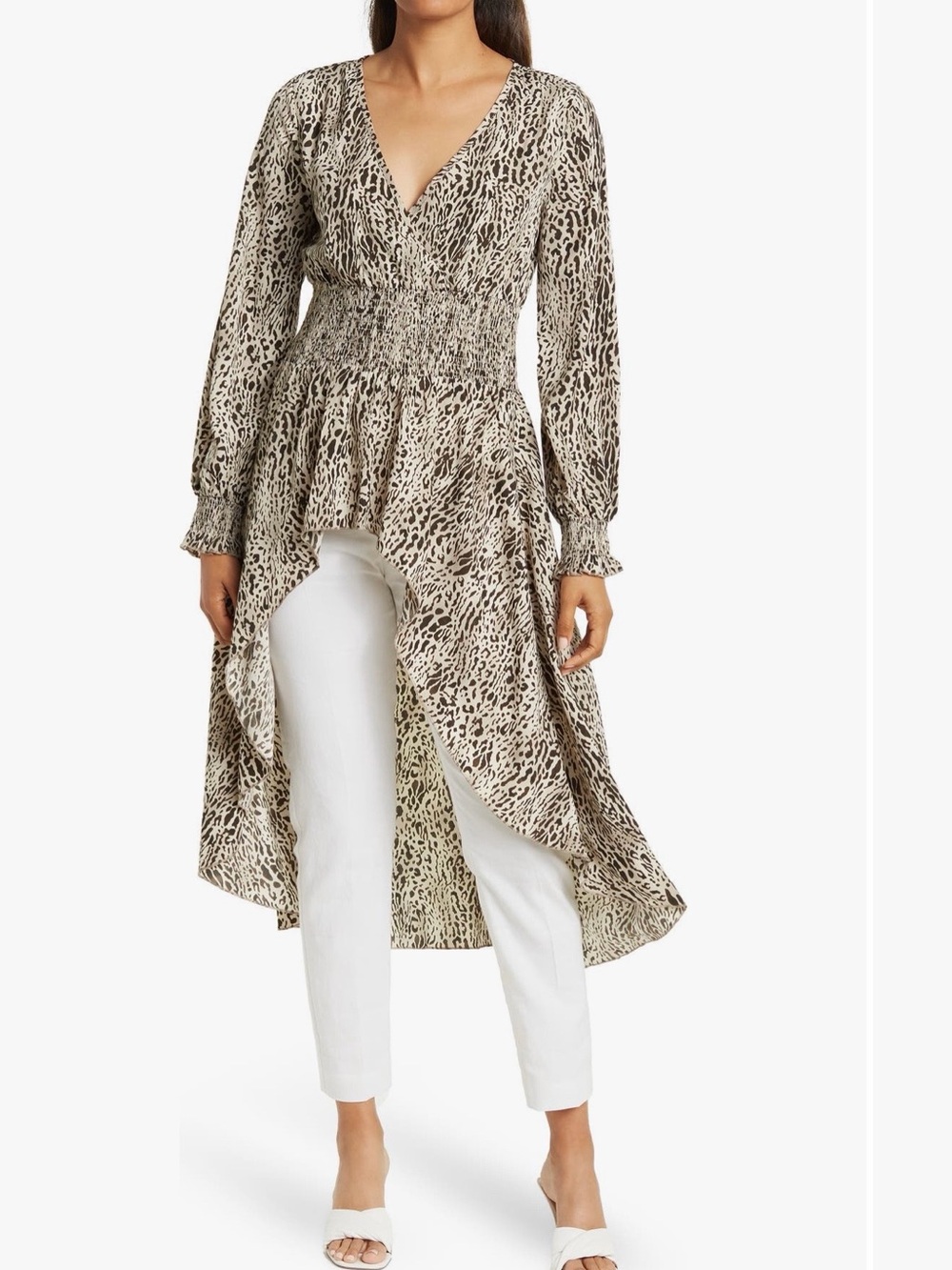 Smocked Waist High-Low Animal Print Dress - Beige/Black size M Brand new